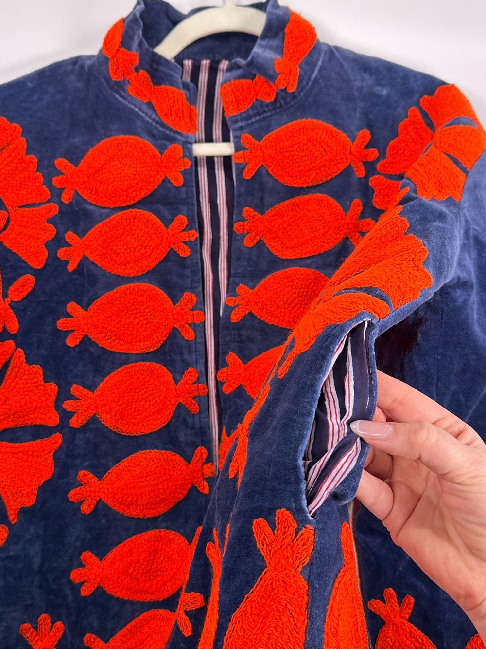 Vintage Velvet Floral Appliqué Jacket Blue Orange Striped Lined Fits Size M L - Picture 4 of 10